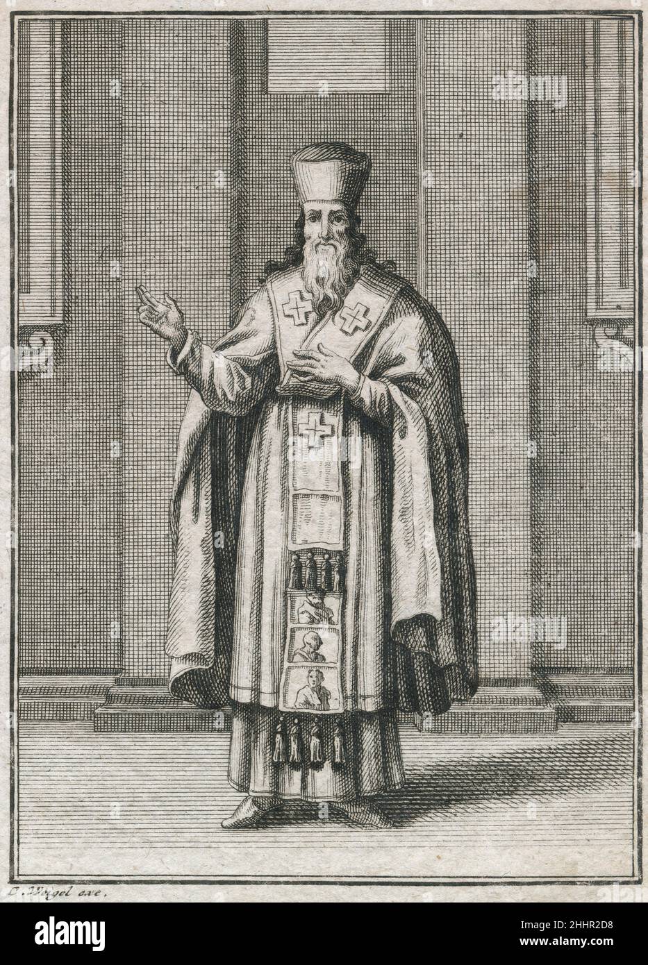 Incisione antica del 17th secolo, 'un vescovo greco' (Ein Griechischer Bischoff) di Johann Christoph Weigel, noto come Christoph Weigel il Vecchio (1654-1725). FONTE: INCISIONE ORIGINALE Foto Stock