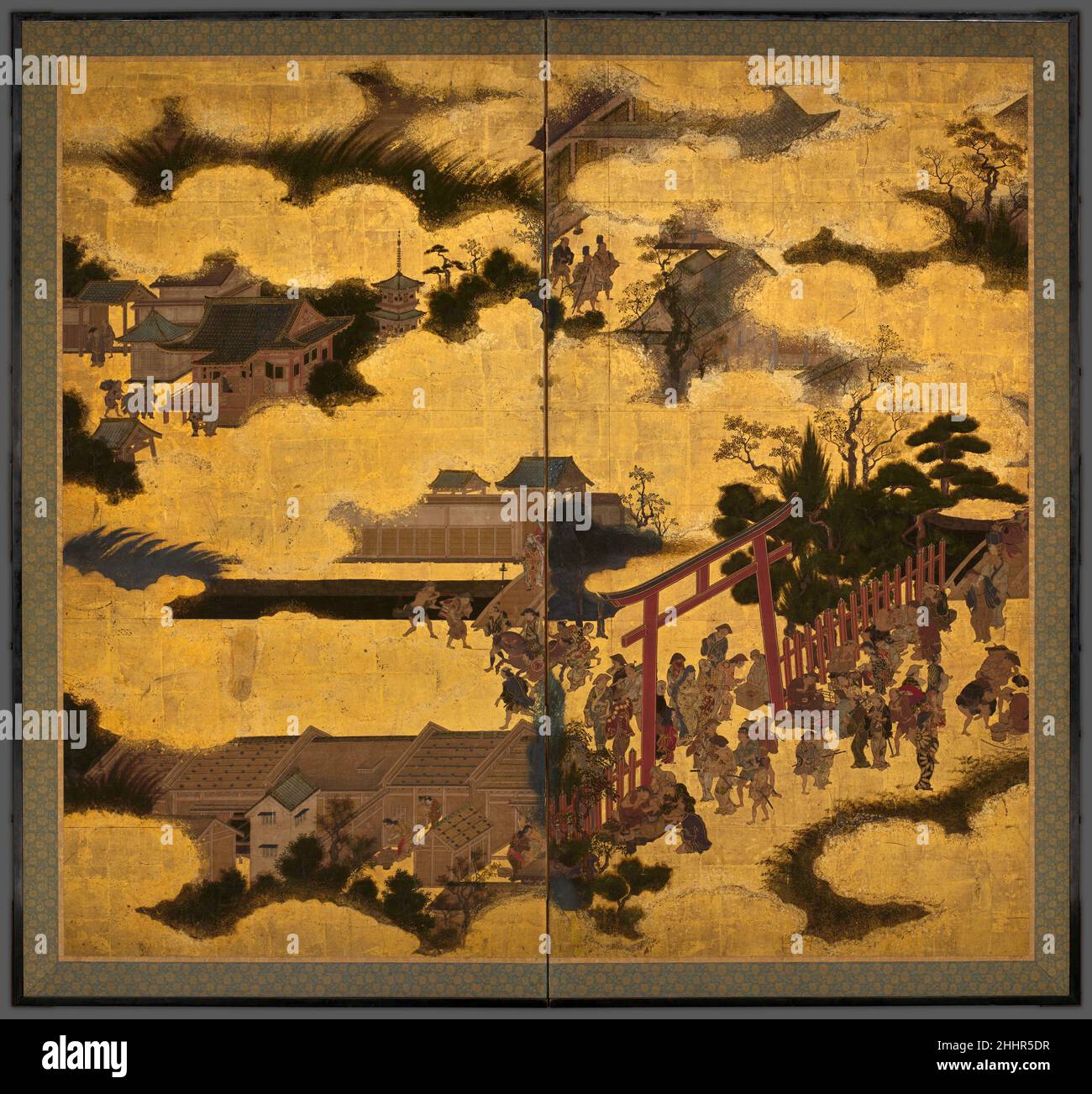 La porta Torii del Santuario di Gion inizio 17th Giappone secolo questa vista dall'alto dell'ingresso al Santuario di Gion, oggi conosciuto al Santuario di Yasaka, offre una vivace scena di Kyoto del XVII secolo. Entrando e uscendo attraverso la porta Torii rossa sono festivamente clad cittadini di varie classi. Nel vicino mercato di strada, i venditori godono di un vivace commercio di pesce, torte di riso e tabacco. Tali attività sono tra i piaceri ancora associati con le visite al santuario, che è famoso per i suoi edifici che assimilano l'architettura del tempio buddista. Il santuario è anche riconosciuto per la sua prominenza du Foto Stock