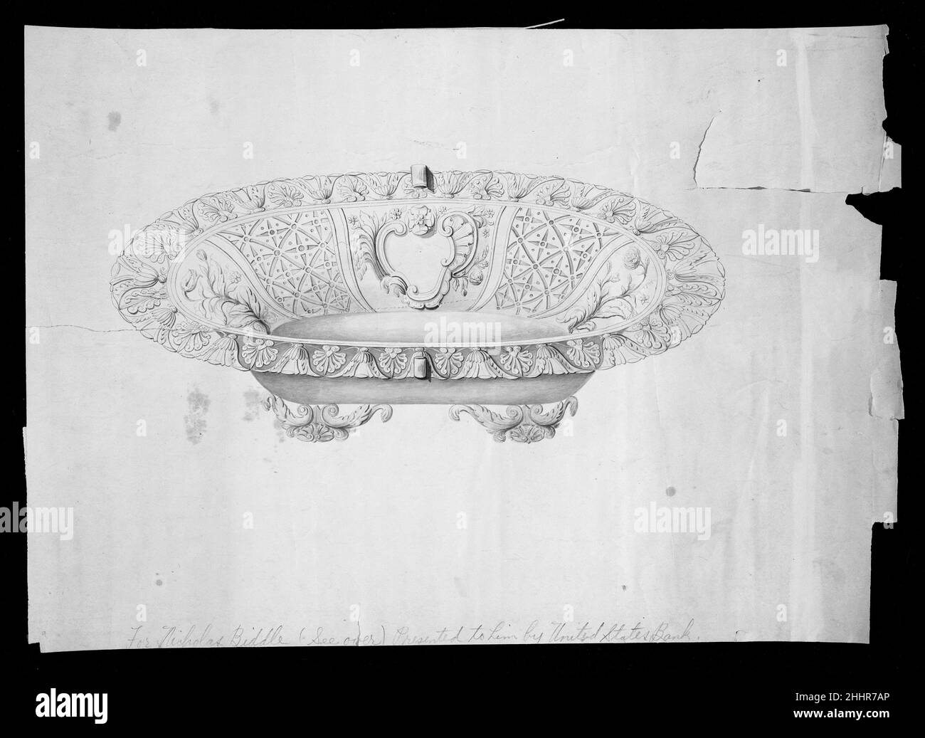Design per un cesto di frutta o pane ca. 1836–37 Thomas Fletcher American. Design per un cesto di frutta o pane. Thomas Fletcher (americano, Alstead, New Hampshire 1787–1866 New Jersey). CA. 1836–37. Penna e inchiostro con lavaggio. Disegni Foto Stock