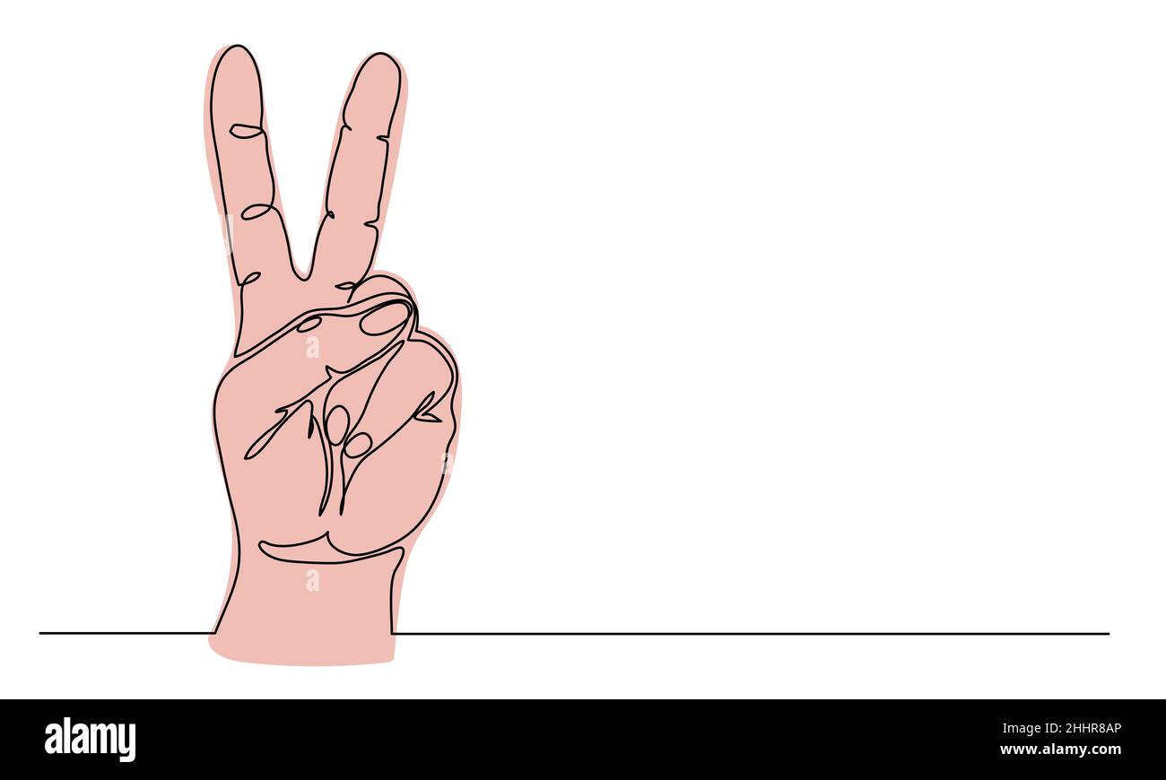 Pace, vittoria, gesto di mano a V con due dita. Un'illustrazione vettoriale di disegno di linea continua di segno di pace Illustrazione Vettoriale