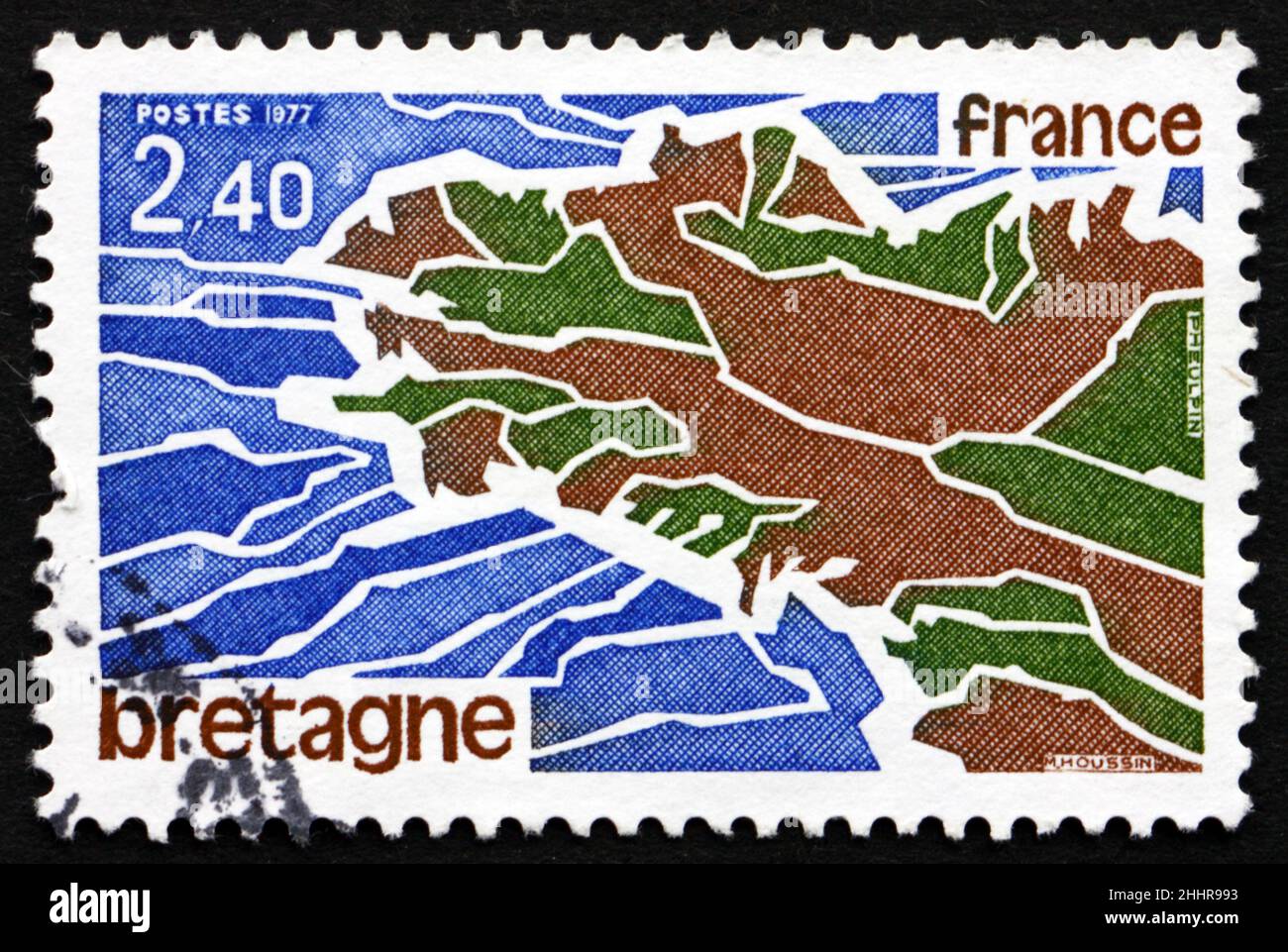 FRANCIA - CIRCA 1977: Un francobollo stampato in Francia mostra la carta della Bretagna, una regione culturale nella Francia nord-occidentale, circa 1977 Foto Stock