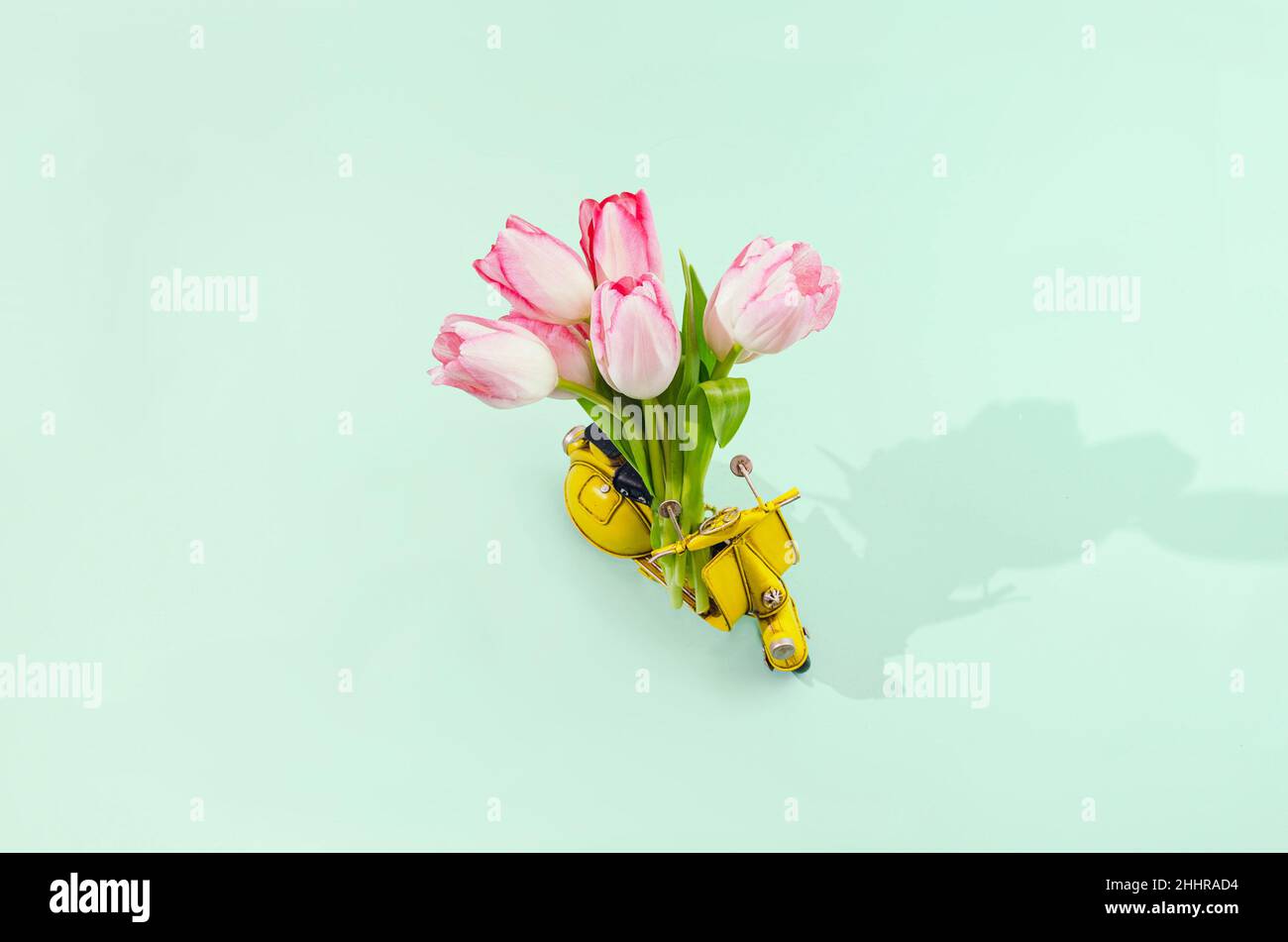 Un bouquet di tulipani rosa freschi su uno scooter retrò giallo su sfondo verde pastello. Concetto creativo surreale per la carta di San Valentino. Progettazione per spr Foto Stock