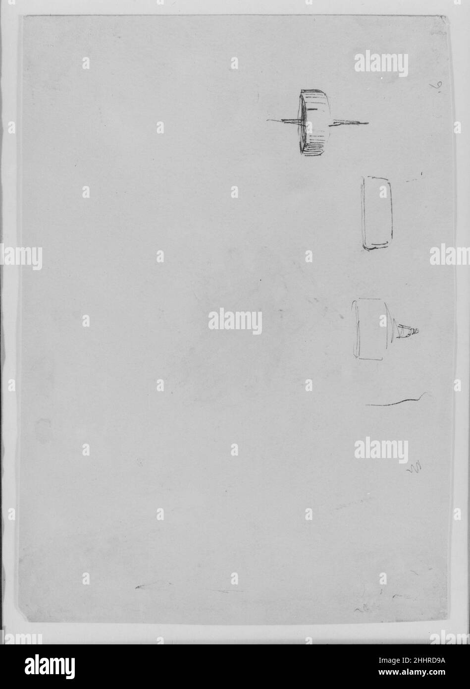 Sketches of Wheels, Drums (da Sketchbook) 1854–55 James McNeill Whistler American. Schizzi di ruote, tamburi (da Sketchbook). James McNeill Whistler (americano, Lowell, Massachusetts 1834–1903 Londra). Americano. 1854–55. Inchiostro marrone su carta bianca Foto Stock