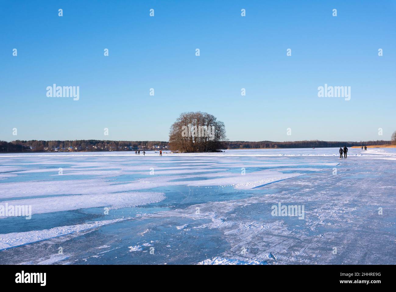 Persone che pattinano sul lago ghiacciato di Björklinge, Svezia Foto Stock
