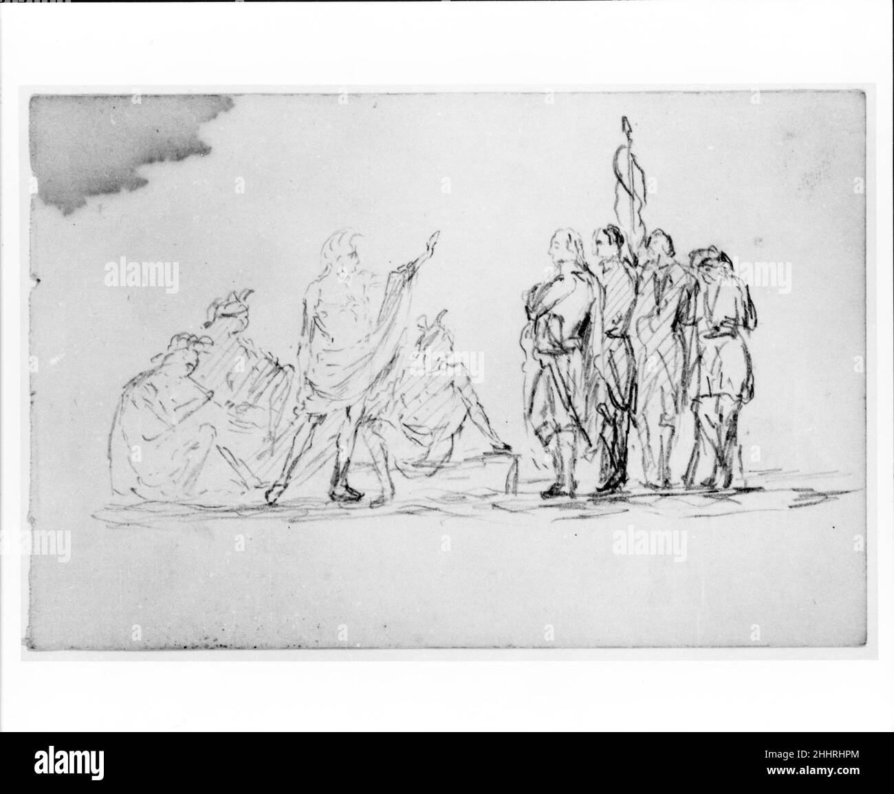 Studio per trattato con i nativi americani (da Sketchbook) ca. 1860 John Quincy Adams Ward American Ward, studente di Henry Kirke Brown, divenne noto come il “decano della scultura americana”. Oltre al suo monumentale "cacciatore indiano" in bronzo, installato nel Central Park di New York nel 1869, nel 1860s ha perseguito diversi altri soggetti indiani americani. Questa pagina tratta da un libro di schizzo, che fornisce un'occhiata intima ai metodi di lavoro dell'artista, mostra il capo di un gruppo di Indiansindirizzando un quartetto di soldati. Questa scena può essere una rappresentazione storica del Trattato di Greenville, che ha preso pla Foto Stock