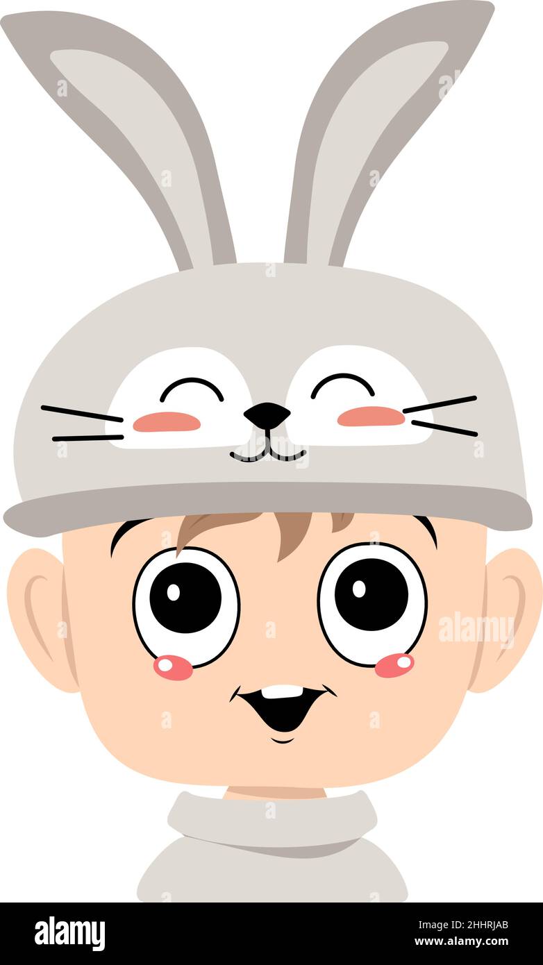 Avatar di ragazzo con occhi grandi e ampio sorriso felice in simpatico  cappello di coniglio con orecchie lunghe. Testa di bambino con faccia  gioiosa per Pasqua di festa, Capodanno o costume di