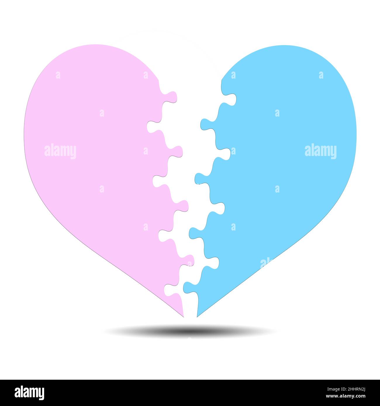 Due pezzi di cuore a forma di puzzle su sfondo bianco, illustrazione Foto Stock