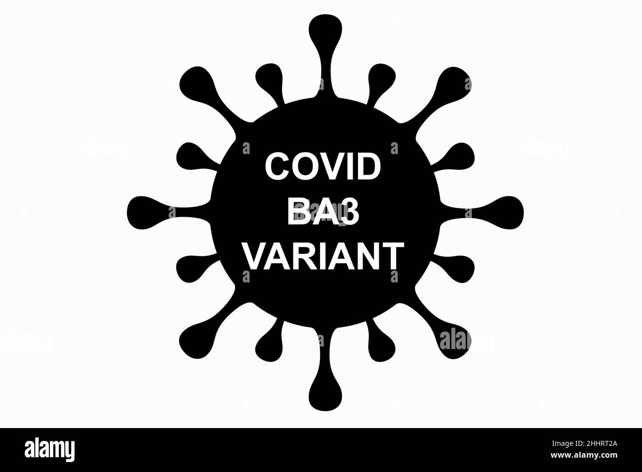 BA3. Nuova variante del coronavirus SARS-COV-2. Subvariante di Omicron. Design orizzontale. Design antivirus e testo nero. Foto Stock