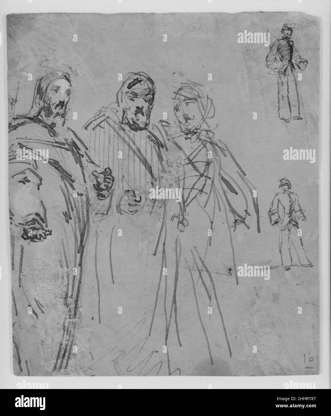Cristo e due figure (da Sketchbook) 1854–55 James McNeill Whistler American. Cristo e due figure (da Sketchbook). James McNeill Whistler (americano, Lowell, Massachusetts 1834–1903 Londra). Americano. 1854–55. Inchiostro marrone su carta wove marrone Foto Stock