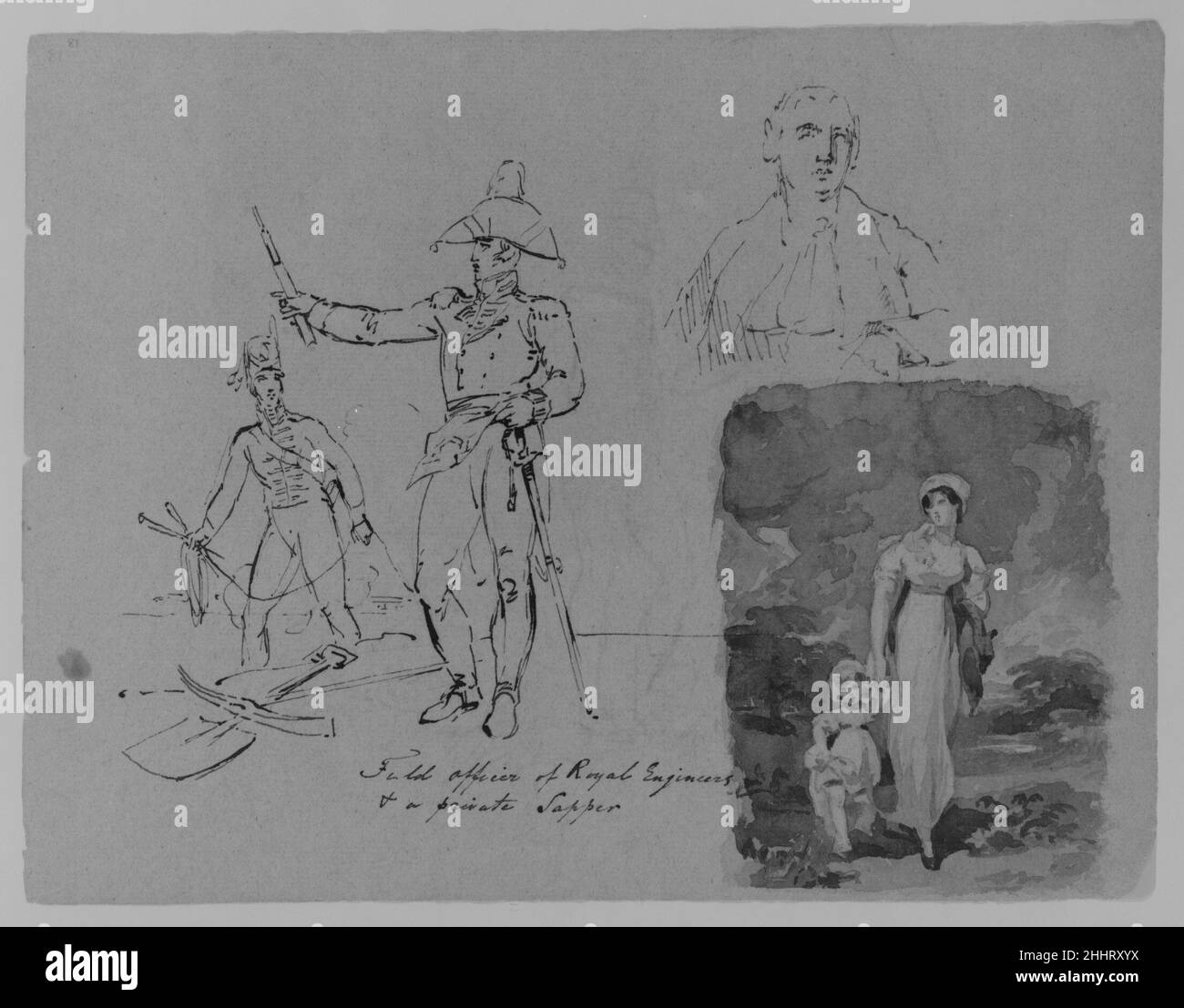 Ritratto di un Clerico; uomo in piedi in pelli animali; Ritratto di una donna; testa dell'uomo (da Sketchbook) 1810–20 Thomas Sully American. Ritratto di un Clerico; uomo in piedi in pelli animali; Ritratto di una donna; testa dell'uomo (da Sketchbook). Thomas Sully (americano, Horncastle, Lincolnshire 1783–1872 Philadelphia, Pennsylvania). Americano. 1810–20. Inchiostro, lavaggio, su carta Foto Stock