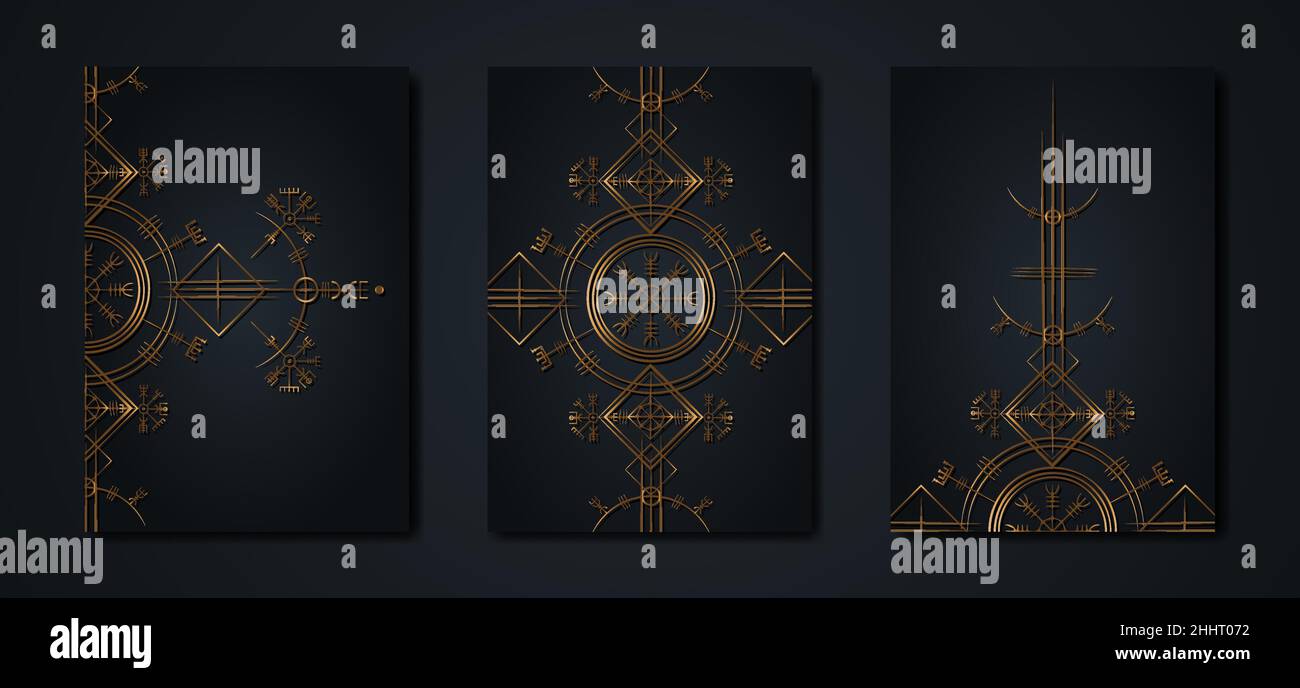Black Card Set collezione di magia antico vichingo art deco, Gold Vegvisir navigazione bussola antica. Simboli dei vichinghi, mitologia norrena, oro di lusso Illustrazione Vettoriale