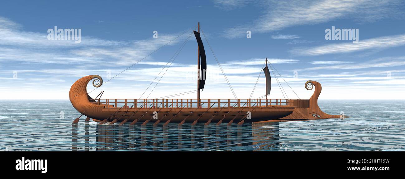 Una barca greca trirea sull'acqua - 3D resa Foto Stock