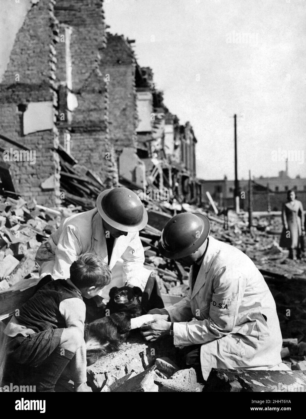 I membri di una squadra di salvataggio che danno il trattamento ad un cane ferito che è sopravvissuto ieri notte RAID aereo 23rd maggio 1941. Didascalia locale *** P002198 Foto Stock
