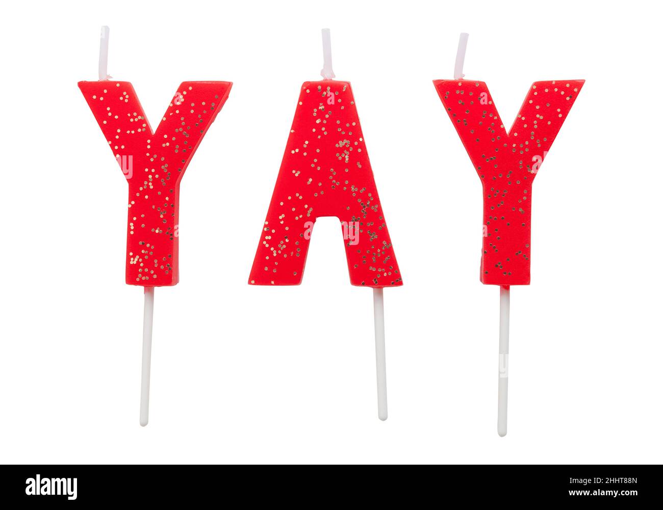Yay Birthday Party Candles Cut out su bianco. Foto Stock