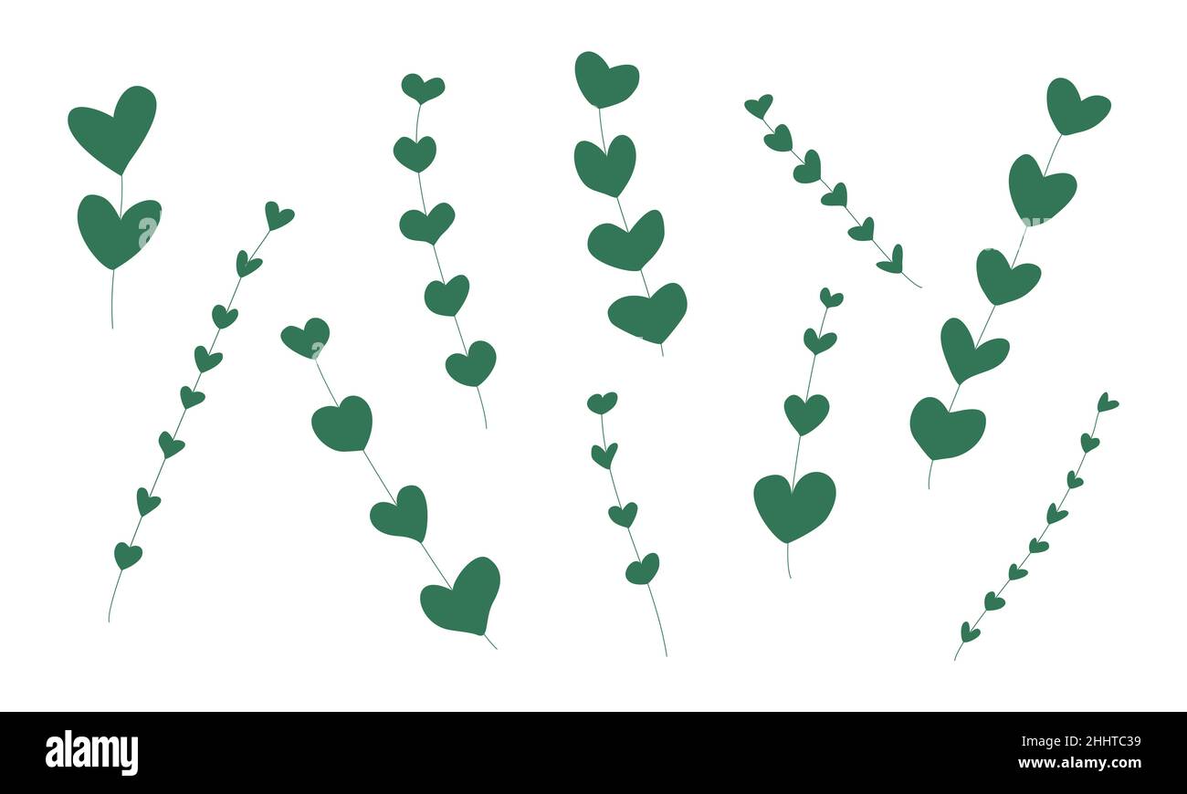 Fiori verdi o ramo fatto di cuori con amore. Set di piante verdi a forma di cuore per la protezione e la cura dell'ambiente Illustrazione Vettoriale