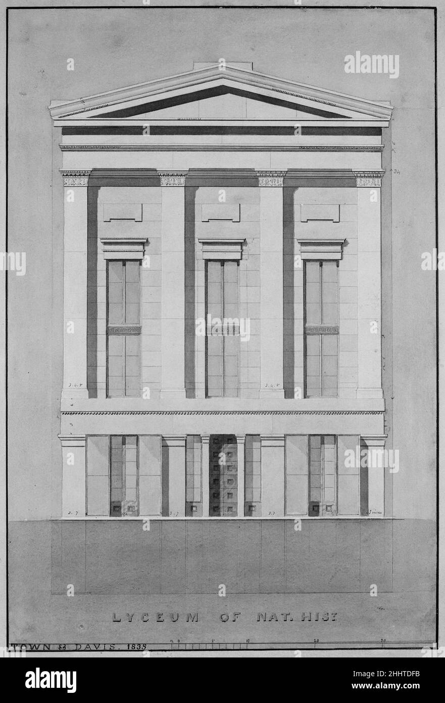 Lyceum of Natural History, New York (elevazione frontale) 1835 Alexander Jackson Davis American. Lyceum of Natural History, New York (elevazione frontale). Alexander Jackson Davis (americano, New York 1803–1892 West Orange, New Jersey). 1835. Acquerello, inchiostro e grafite Foto Stock