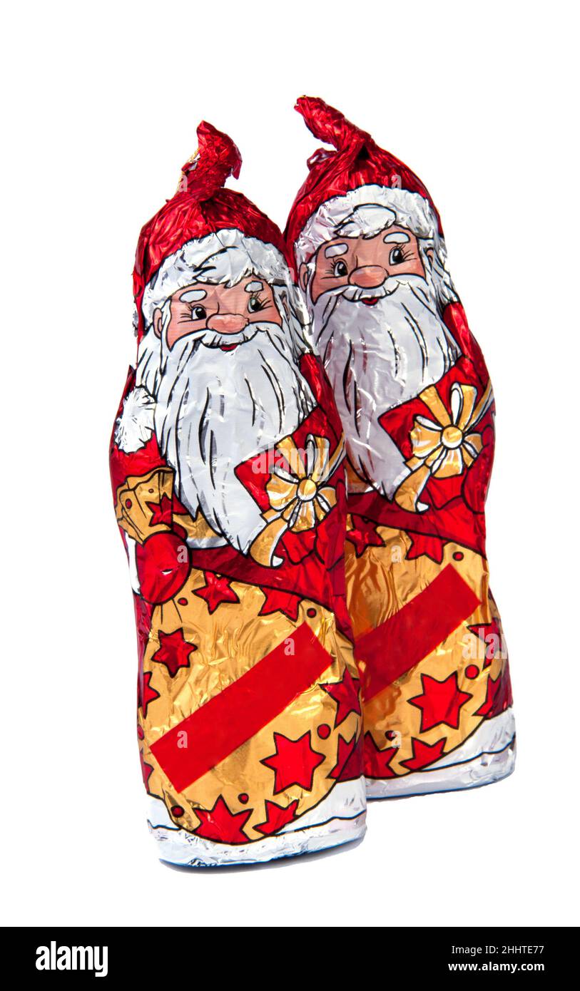 cioccolato babbo natale in lamina, regalo di natale vacanza isolato sul bianco Foto Stock