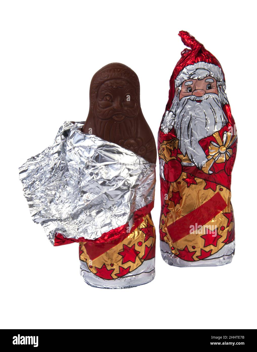 cioccolato babbo natale in lamina, regalo di natale vacanza isolato sul bianco Foto Stock