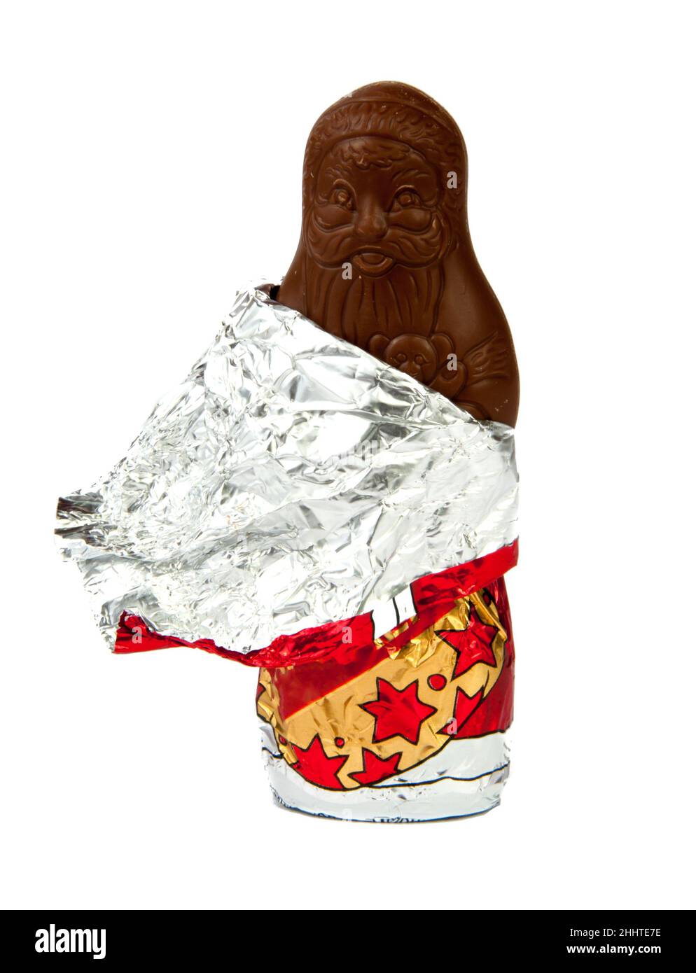 cioccolato babbo natale in lamina, regalo di natale vacanza isolato sul bianco Foto Stock