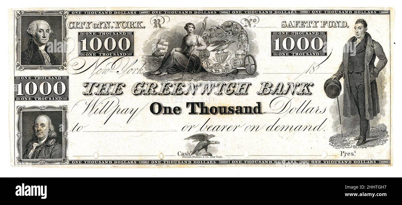 $1000 fattura per la banca di Greenwich, la città di New York ca. 1828 Asher Brown Durand American questa prova annullata di una fattura del $1000 emessa dalla Greenwich Bank a New York è stata incisa da Asher B. Durand. All'inizio della sua carriera ha lavorato come incisore, incidendo con successo la 'declarazione dell'Indipendenza' di John Trumbull nel 1823, e ricevendo poi commissioni per banconote, paesaggi e ritratti. Nel 1837 Thomas Cole convinse Durand a concentrarsi sulla pittura e cominciò a dipingere ritratti, scene di genere e paesaggi, diventando infine un leader della Hudson River School. $1000 fattura per Foto Stock