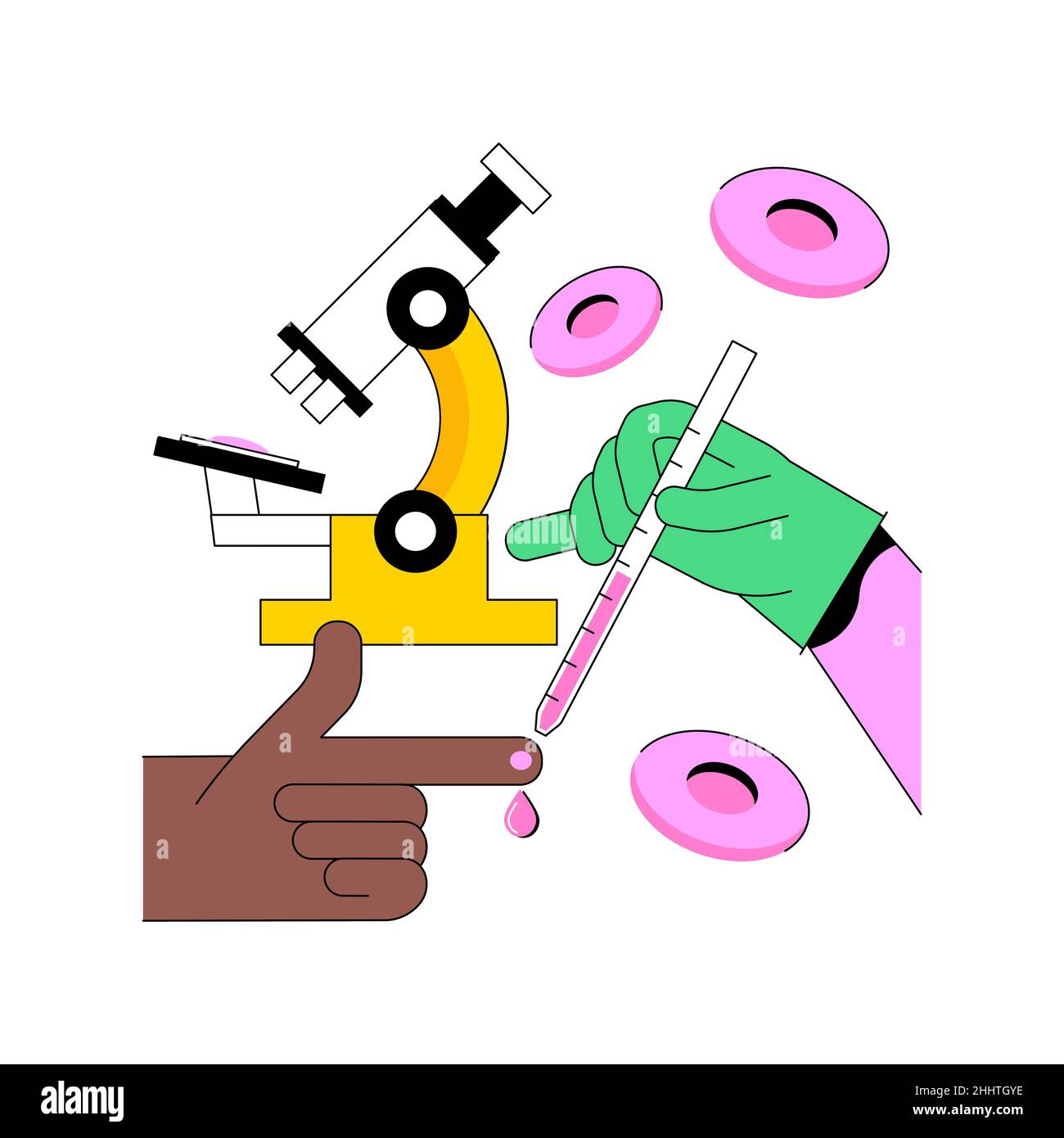 Illustrazione vettoriale del concetto astratto di screening dell'anemia. Diagnosi di disturbi genetici, esame dell'anemia, carenza di ferro, screening delle cellule falciformi, emolisi, test di laboratorio, fare diagnosi metafora astratta. Illustrazione Vettoriale