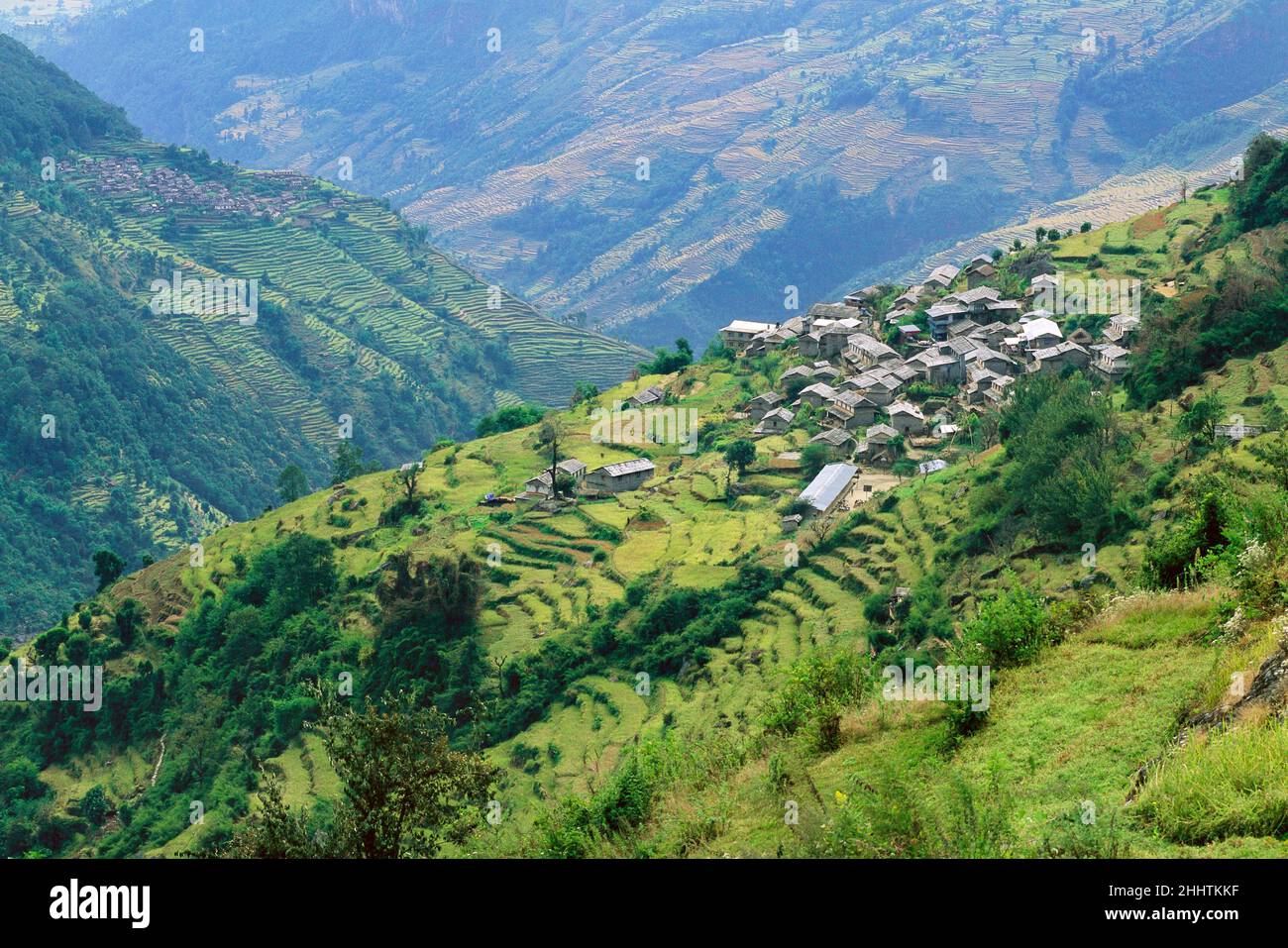 Panoramica del villaggio di Chomrong tra campi terrazzati, Regione Annapurna, Nepal Foto Stock