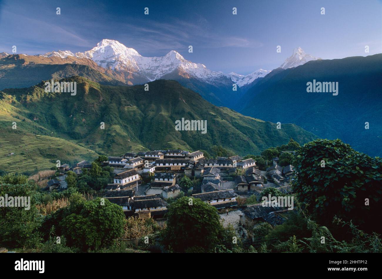 Villaggio di Ghandruk, Annapurna Sud e Machapuchre montagne, Anrapurna Regione, Nepal Foto Stock