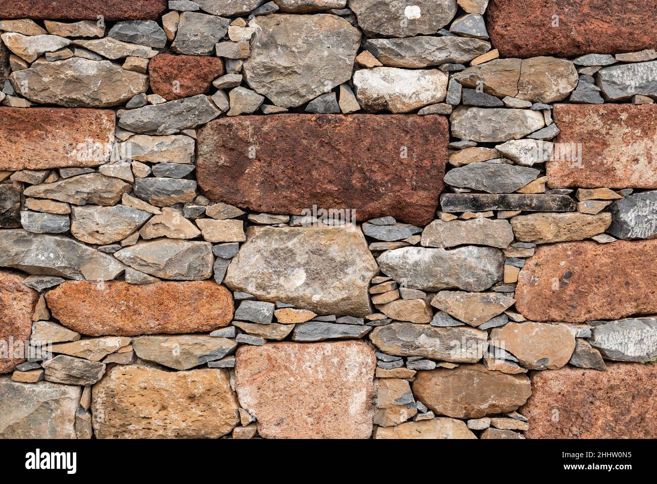 La struttura di sfondo del muro in pietra naturale, che mostra una parete in pietra naturale accuratamente costruita in mattoni con pietre di dimensioni diverse in colore marrone e grigio Foto Stock