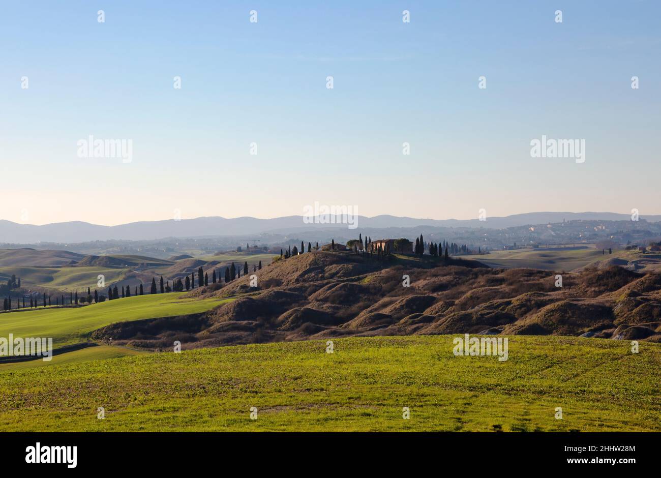 Paesaggio toscano delle colline Crete Senesi e in una giornata di sole con un cielo limpido. Foto Stock