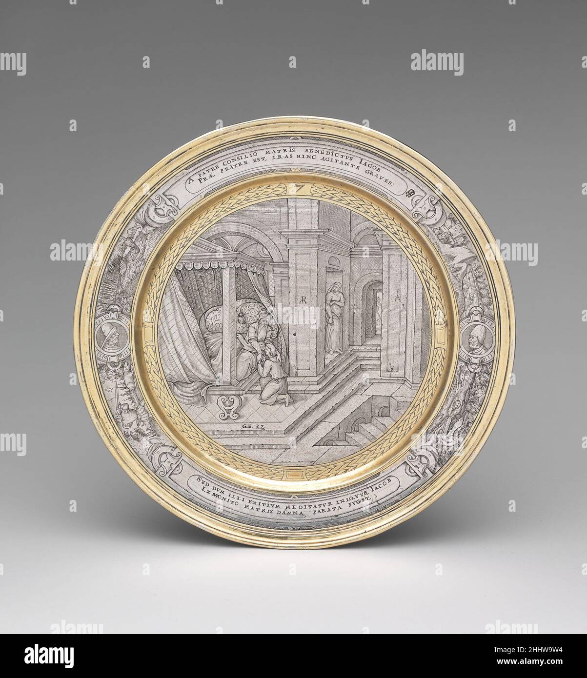 Giacobbe Beato da Isacco ca. 1567 eventualmente incisa da P.M. la fine incisione su questo set di lastre (65.260.1–.12) raffigura scene dell'Antico Testamento. L'incisore, che doveva essere stato addestrato sul Continente, basava le sue composizioni su illustrazioni in concordanza con la Bibbia, improvvisando dove necessario per riempire la cornice circolare offerta dalle lastre. I piatti e un pezzo relativo inciso con un ritratto della regina Elisabetta i devono essere stati fatti come un regalo a o dalla regina stessa. Giacobbe Beato da Isacco 204604 Foto Stock