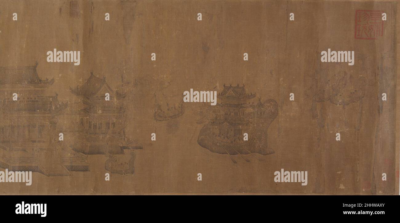 Dragon Boat Regatta sul lago Jinming 14th secolo (?) Dopo Wang Zhenpeng, le gare in barca del drago cinese si svolgono tradizionalmente il quinto giorno del quinto mese lunare per commemorare la morte del virtuoso ministro Qu Yuan (343–277 a.C.), che si annegò per confutare la calunnia. Qui è raffigurata una razza sponsorizzata dall'imperatore Huizong (r. 1101–25) il terzo giorno del terzo mese, sul lago Jinming ('Golden Bright'), che si trovava in un parco imperiale nella capitale settentrionale del Song di Kaifeng. La foto è un notevole esempio di pittura jiehua, o "linea retta", l'intricato stile di raffigurazione Foto Stock
