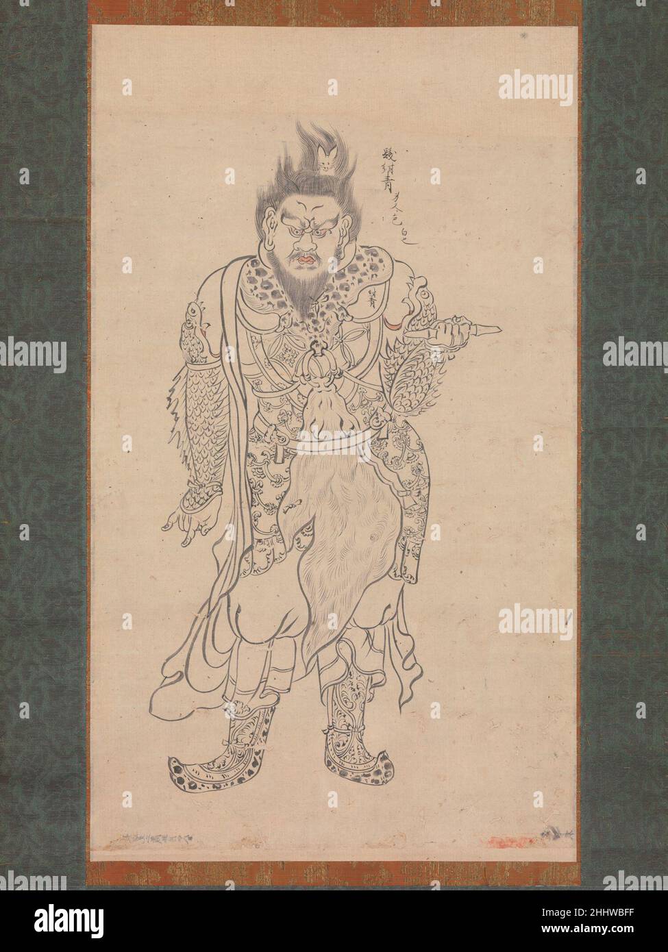 Anchira-taisho Jochi 1164 Giappone il soggetto di questo disegno iconografico, che originariamente apparteneva a Kōzanji, un tempio sulle montagne a nord-ovest di Kyoto, è generalmente identificato come il generale Anchira (Andira in Sanscrito), uno dei dodici generali guardiani che si dedicarono al Buddha di Yakushi (Bhaishajyaguru). I dodici generali sono solitamente coronati con i dodici animali dello zodiaco; qui Anchira ha un coniglio sulla sua testa.il disegno è stato eseguito con cura eccezionale. Secondo un documento che accompagna il rotolo, è stato copiato da Jōchi da un modello cinese nel 1164. Inscript Foto Stock