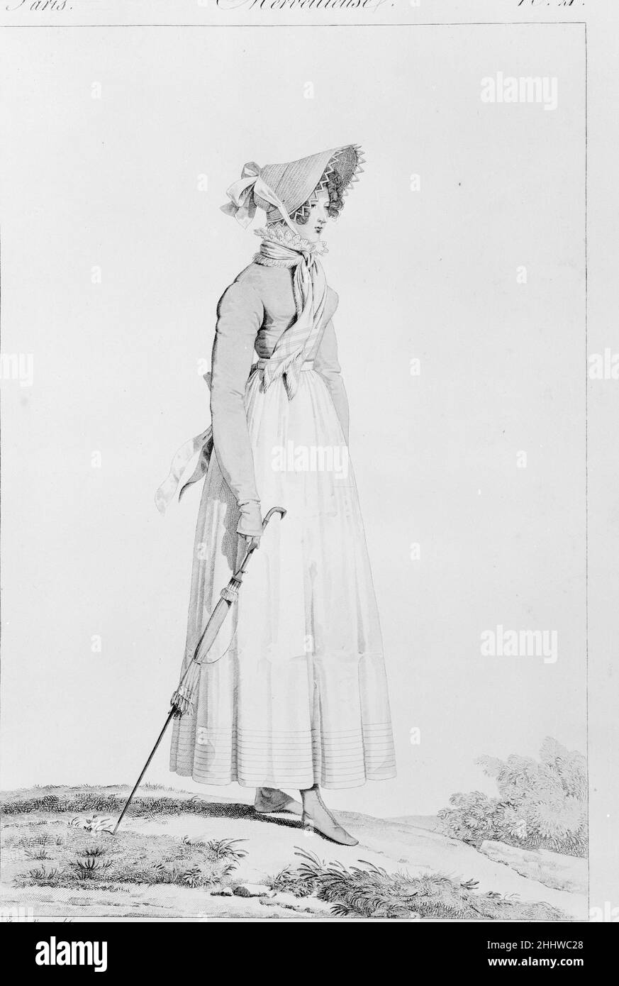 Merveilleuse: Chapeau à l’Anglaise, Spencer à l’Anglaise ca. 1815 disegnata da Horace Vernet incisione colorata a mano con disegno per il costume di un Merveilleuse, parte del libro 'Incroyables et Merveilleuses', con 33 lastre in costume disegnate da Horace Vernet e incise da Georges Jacques Gatine, pubblicato ca. 1815 a Parigi. Il costume in questo piatto è costituito da un cofano di paglia con un arco bianco e nastro bianco legato intorno al mento, un abito da passeggio Spencer con top rosa a maniche lunghe e gonna bianca a caviglia, e stivaletti gialli a bottoni. Un fichu rosa morbido con bordi striati esecuzione Foto Stock