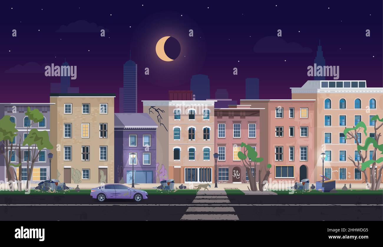 Ghetto paesaggio di notte, case sporche e sfavorevoli zona residenziale abbandonata Illustrazione Vettoriale