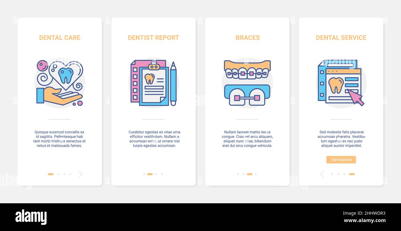 Illustrazione vettoriale della tecnologia della medicina di cura dentale. UX, UI onboarding mobile app set di schermate con linea bretelle denti, salute dentista nomesme Illustrazione Vettoriale