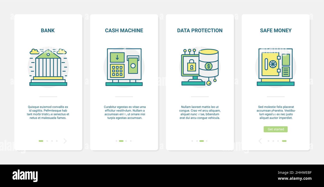 Illustrazione del vettore di protezione delle banche finanziarie. UX, UI onboarding mobile app page set con tecnologia finanziaria sicura per la linea per proteggere denaro e. Illustrazione Vettoriale