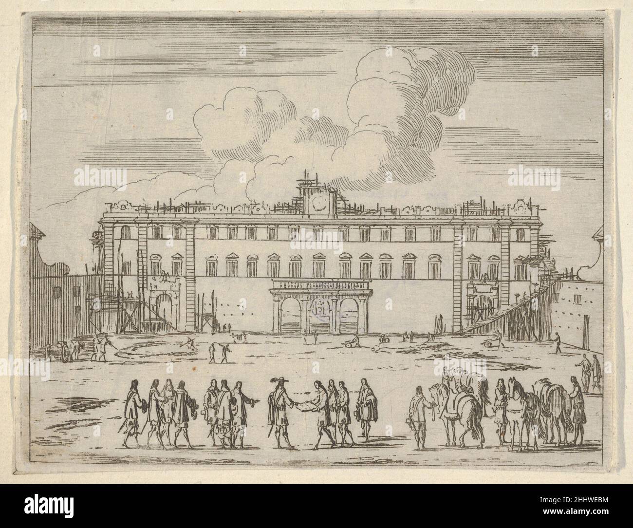 Francesco i d'Este costruisce il Palazzo di Sassuolo, da l'idea di un Principe ed Eroe Cristiano a Francesco i d'Este, di Modena e Reggio Duca VIII [...] 1659 Bartolomeo Fenice (Fénis) Italian questa stampa proviene da l'idea di un Principe ed Eroe Cristiano in Francesco i d'Este, di Modena e Reggio Duca VIII [...] raccolta in un album di tavole marroni. Quattro stampe sono incise su ogni pagina dell'album con un'iscrizione del XVII o XVIII secolo incollata sotto la stampa sulla pagina dell'album. Le stampe sono incise come Callot e illustrano la natura virtuosa di Francesco i d'Este come un r Foto Stock
