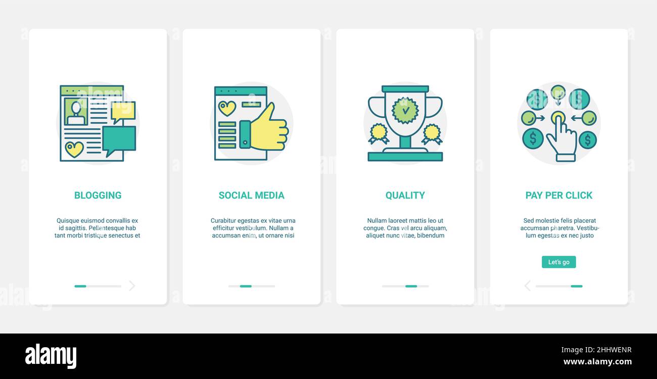 Commercio online, classificazione in illustrazione vettoriale della tecnologia dei social media. UX, UI onboarding mobile app page set con line pay per click, cliente Illustrazione Vettoriale