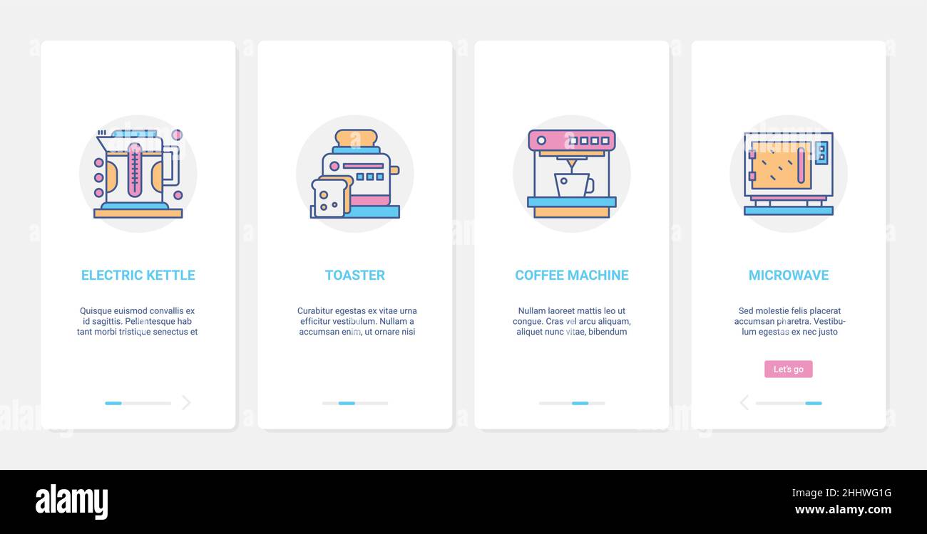 Elettrodomestici per la cucina, illustrazione vettoriale per le apparecchiature domestiche. UX, UI onboarding schermo app mobile con linea utensili, elettr Illustrazione Vettoriale