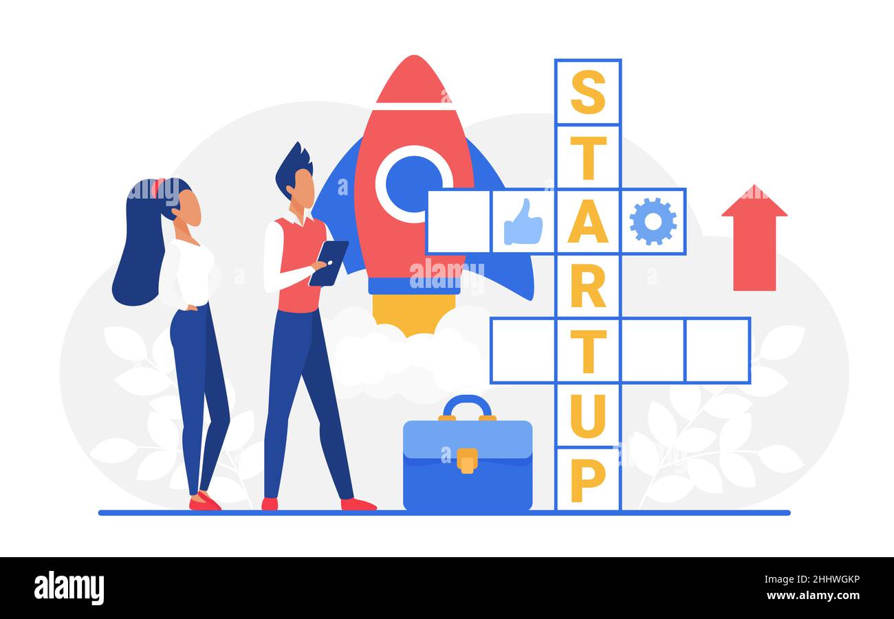 Illustrazione vettoriale crossword di avvio. I membri del team di business di Cartoon si levano in piedi accanto al puzzle crossword con la parola di avvio, iniziando un nuovo progetto di business Illustrazione Vettoriale