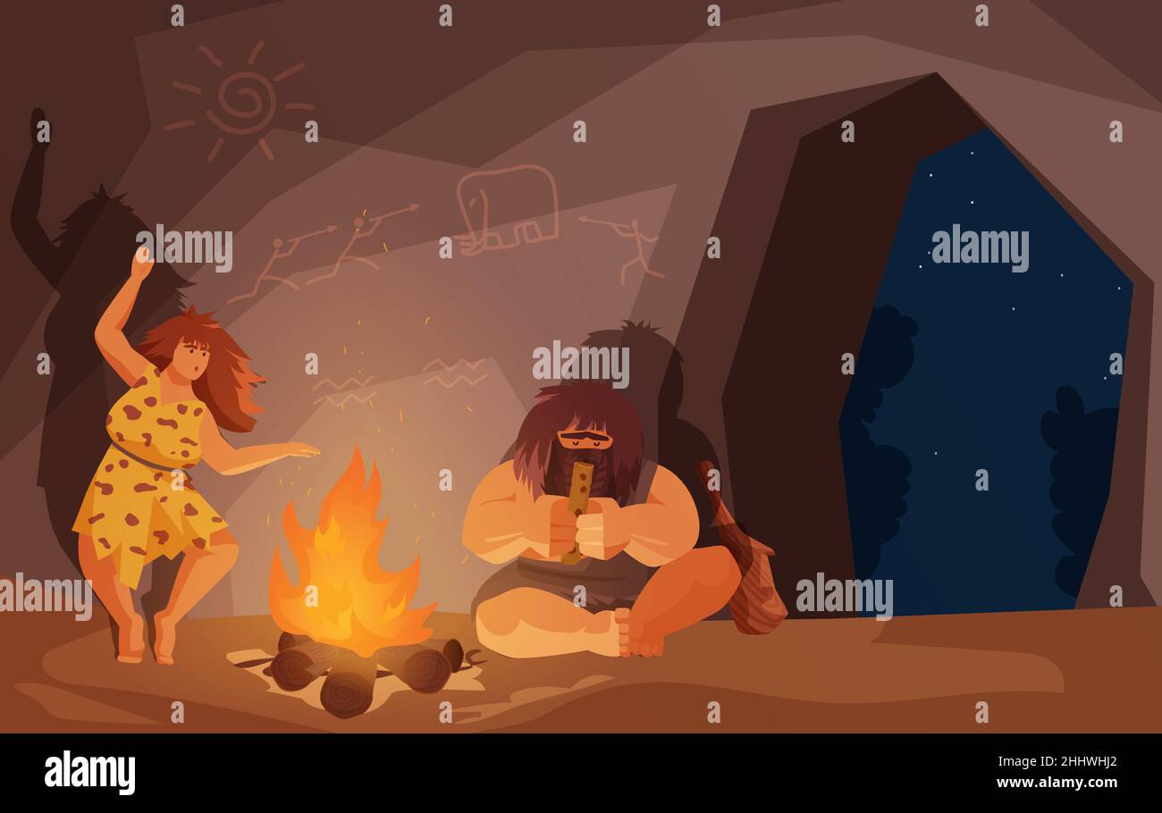 La gente primitiva della famiglia dell'età della pietra si siede dall'illustrazione del vettore del fuoco. Fumetto primeval caveman personaggio che suona antico strumento musicale, neanderthal Illustrazione Vettoriale
