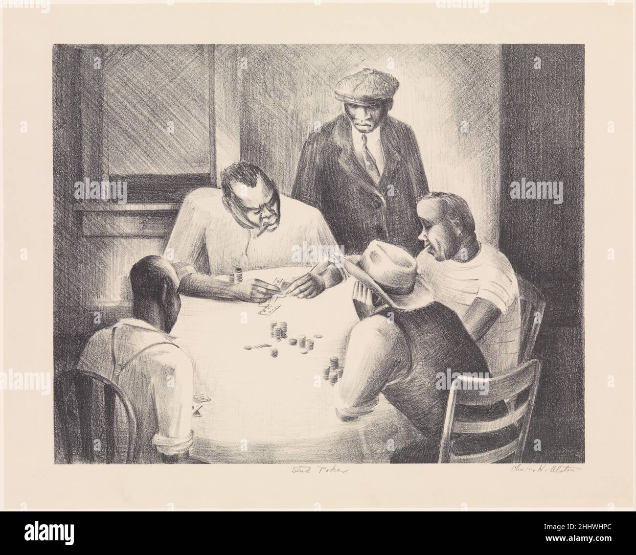 Stud Poker ca. 1938 la famiglia di Charles Henry Alston American Alston si trasferì a New York dal North Carolina durante la Grande migrazione, quando milioni di Black Americani cercarono lavoro nelle città del nord. Come muralista, scultore e illustratore, partecipò all'Harlem Renaissance e fondò il 306, così chiamato per l'intervento del suo studio al 306 West 141st Street, come luogo di incontro per artisti, scrittori e musicisti. Artista e insegnante influente, Alston ha ricevuto una borsa di 1938 per viaggiare a sud e documentare la cultura nera; questa immagine di genere monetizzata di un gioco di poker può essere basata su una fotografia Foto Stock