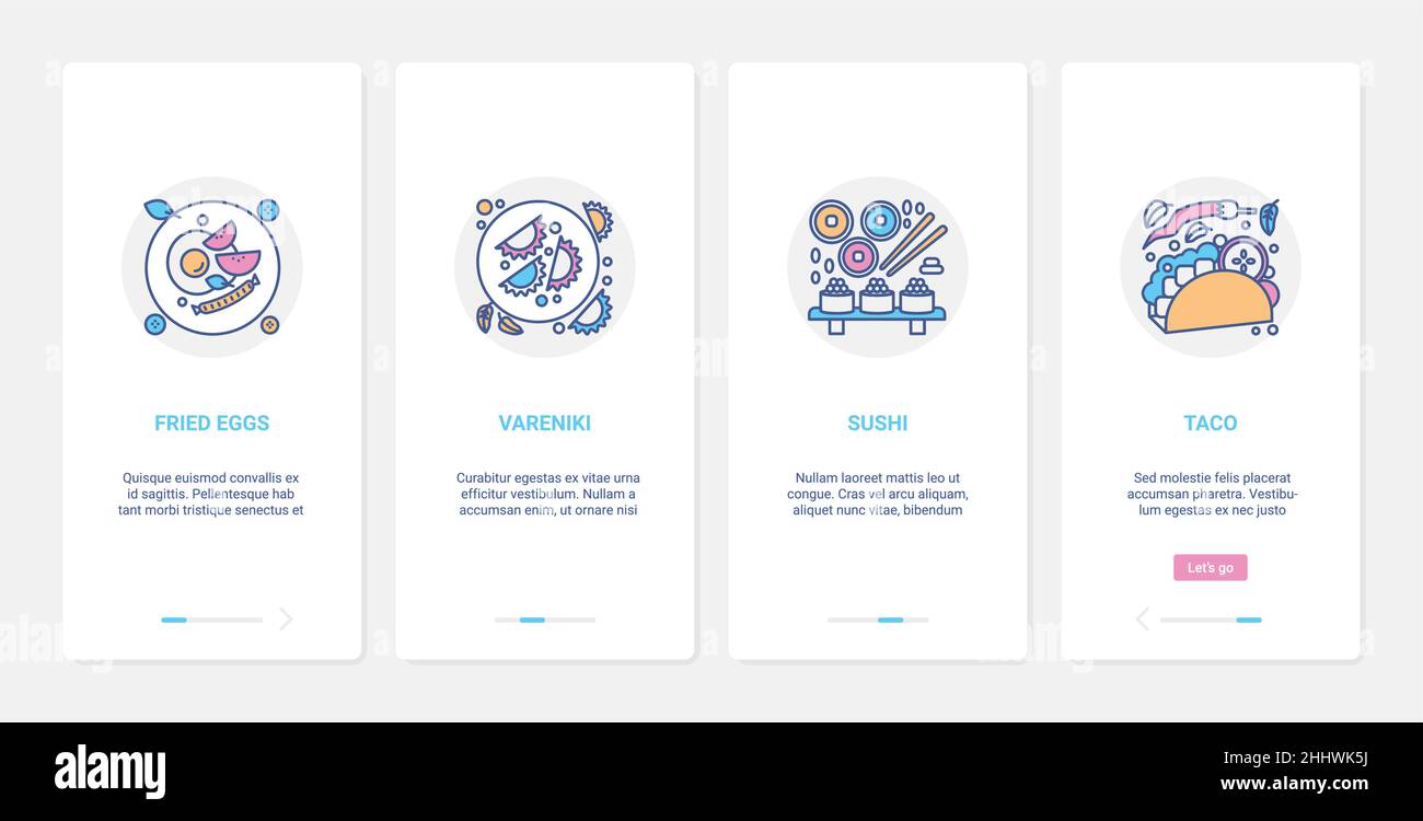 Fast food per colazione, caffetteria ristorante menu illustrazione vettoriale. UX, UI onboarding mobile app page set con linea sushi gnocchi var Illustrazione Vettoriale