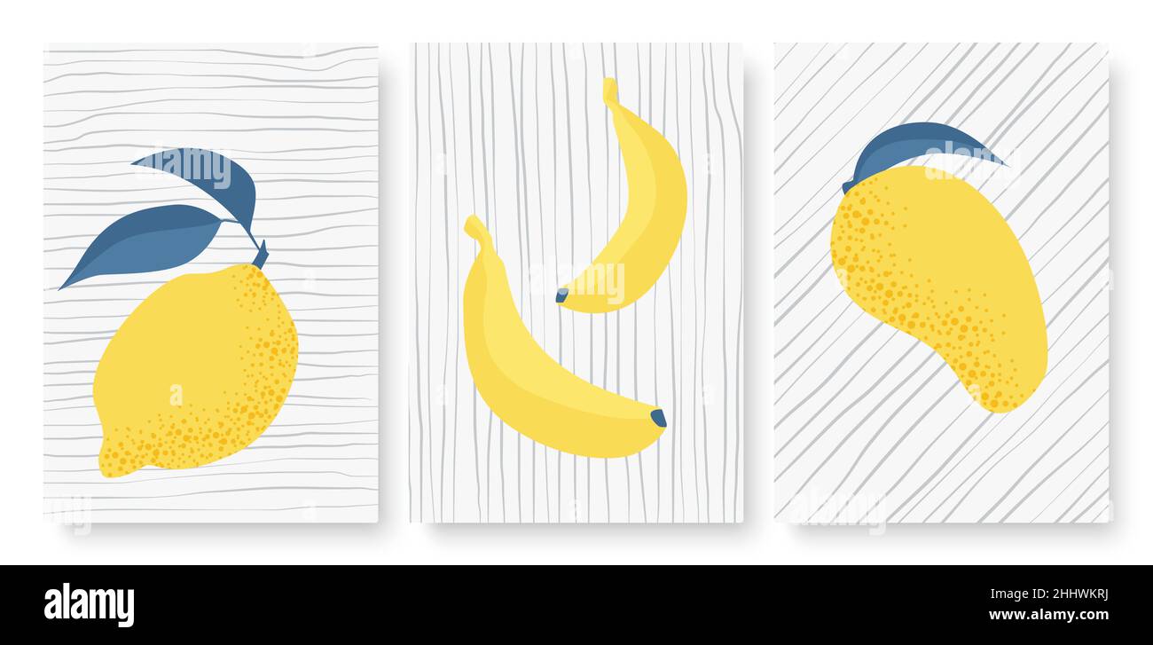 Astratto semplice trendy minimo tropicale giallo frutta vettore illustrazione set. Mango minimal al limone con banana da tropici sullo sfondo con disegno a mano Illustrazione Vettoriale