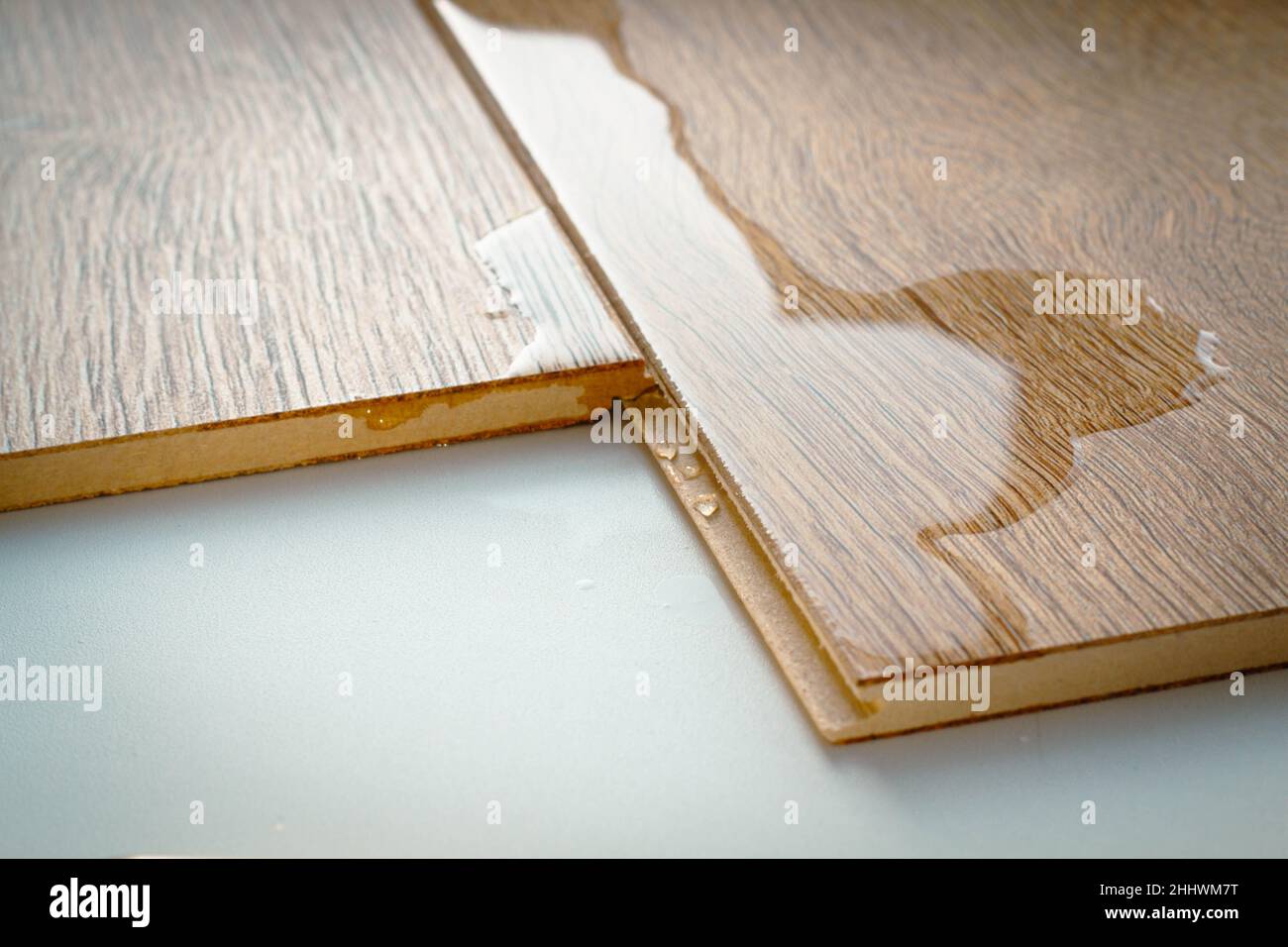 Laminato e acqua. Laminato impermeabile. I pavimenti in legno sono impermeabili all'umidità. I rivestimenti per pavimenti proteggono dall'acqua. Una pozzanghera sul pavimento. Foto Stock