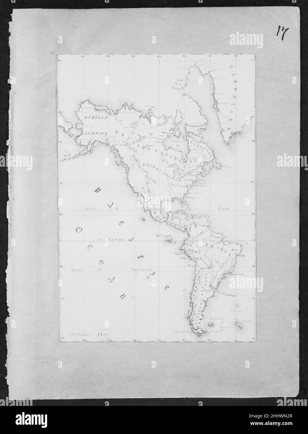 Mappa dell'emisfero occidentale (da Sketchbook) 1851 James McNeill Whistler American. Mappa dell'emisfero occidentale (da Sketchbook). James McNeill Whistler (americano, Lowell, Massachusetts 1834–1903 Londra). Americano. 1851. Inchiostro nero e acquerello su carta leggera Foto Stock