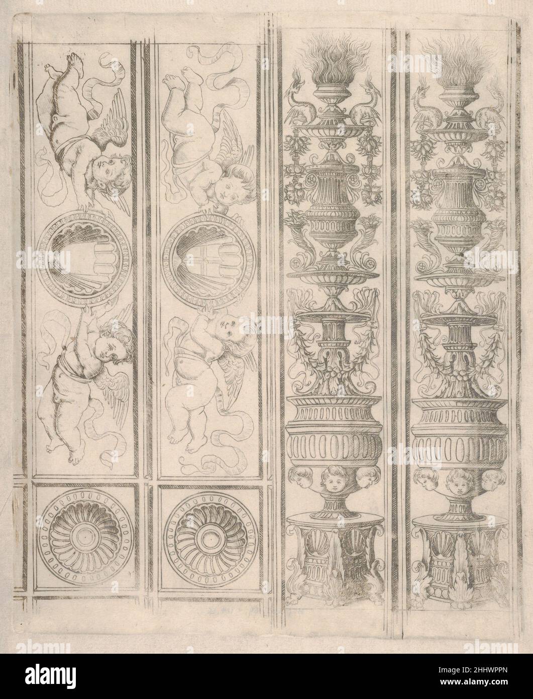 Foglio di segmenti di bordo: Due candelabri e due pezzi orizzontali con putti, due angoli, dalla vita della Vergine e Cristo 1490–1500 Francesco Rosselli Italian questa stampa era destinata a servire come bordi decorativi per incorniciare stampe individuali nella serie vita della Vergine e di Cristo di Rosselli. Foglio di segmenti di confine: Due candelabri e due pezzi orizzontali con putti, due angoli, da vita della Vergine e Cristo 338447 Foto Stock