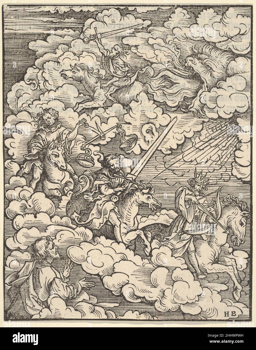 The Apocalyptic Riders, from the Apocalypse 1523–24 Hans Burgkmair German Plate 3 from a series of 21 Woodcut with Scenes from the Apocalypse for Martin Luther's translation of the New Testament. Quattro edizioni sono state pubblicate ad Augusta da Silvan Otmar tra marzo 1523 e aprile 1524. I Riders Apocalittici, dall'Apocalisse 430640 Foto Stock