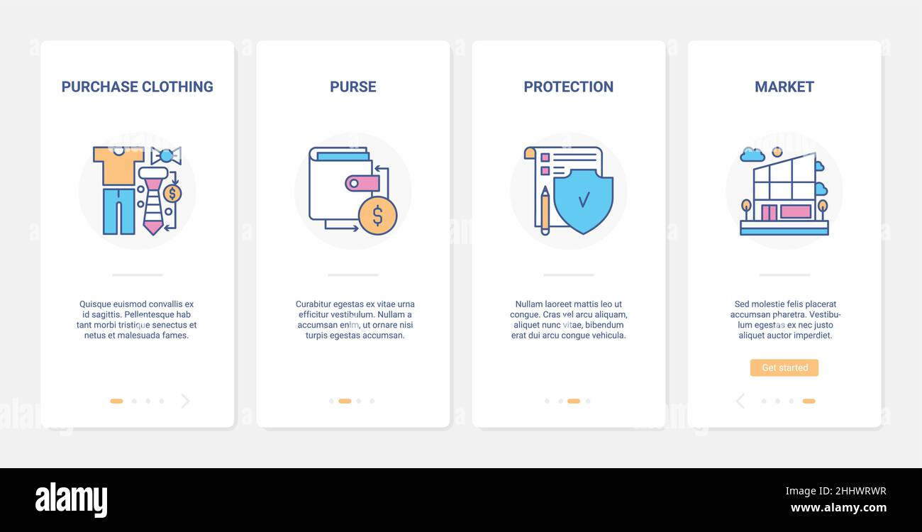 Shopping al dettaglio online, tecnologia di protezione dei soldi illustrazione vettoriale. UX, UI onboarding schermo app mobile impostato con linea cassaforte internet shop o. Illustrazione Vettoriale