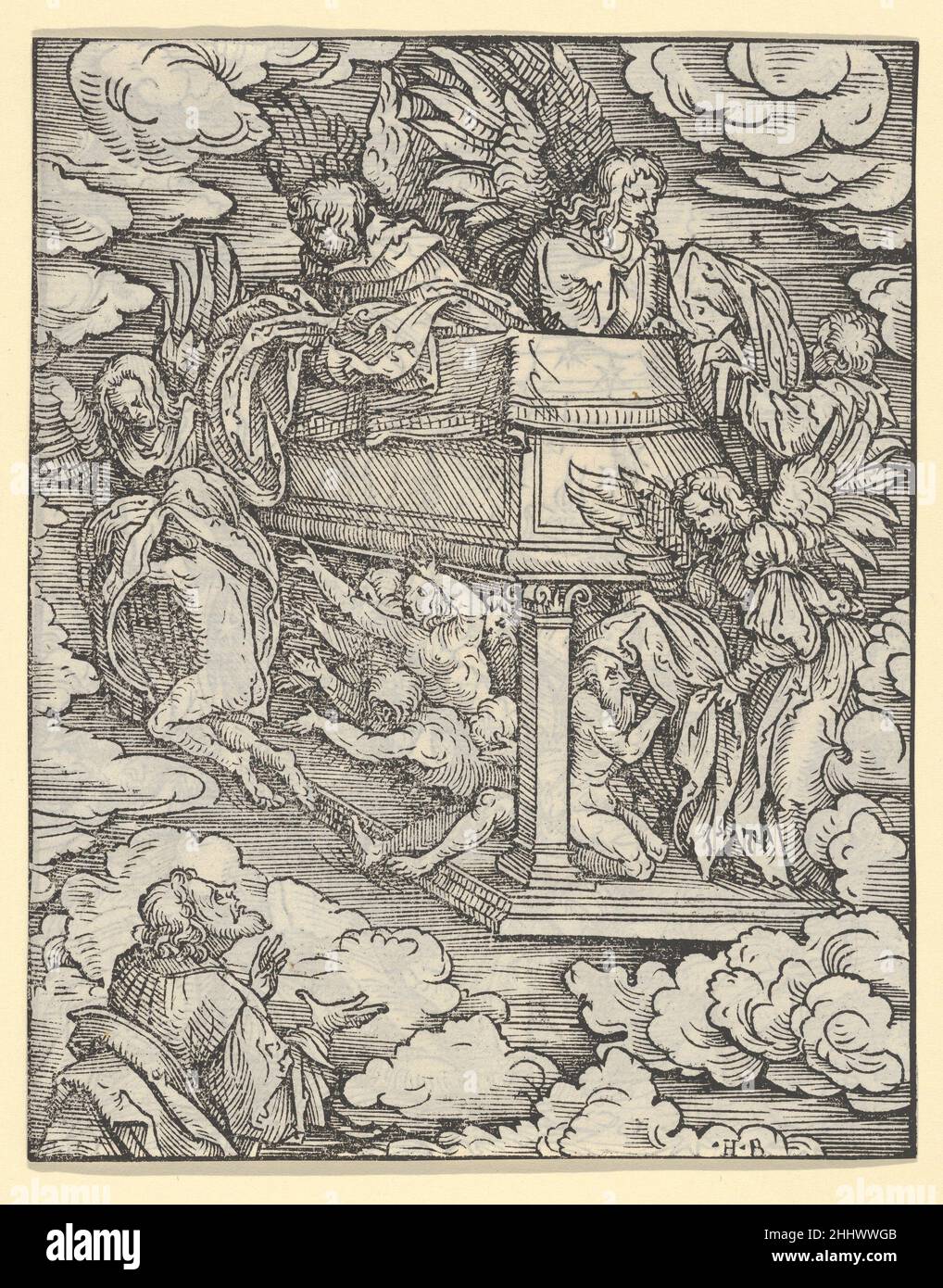 Recto di foglio con l'abito degli eletti, dall'Apocalisse 1523–24 Hans Burgkmair piastra tedesca 4 da una serie di 21 tagli di legno con scene dell'Apocalisse per la traduzione del nuovo Testamento da parte di Martin Lutero. Quattro edizioni sono state pubblicate ad Augusta da Silvan Otmar tra marzo 1523 e aprile 1524. Recto di foglio con l'Abbigliamento degli eletti, dall'Apocalisse 430672 Foto Stock